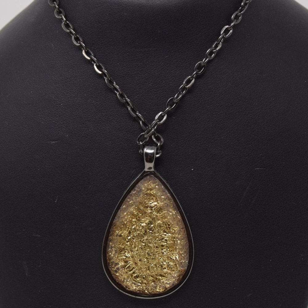 Faux Druzy Drusy Shimmer Teardrop Pendant Necklace Neutral Sparkle Boho Golden